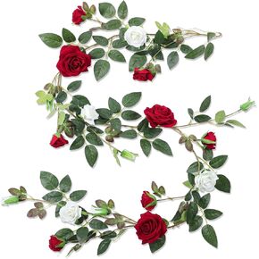 Valentine's Day Red and White Rose Vine Artificial Flower Garland Fake Flower 6ft Garland Artificial Silk Floral Hanging for Wedding Party Ceremony Outdoor Decor Pack of One
