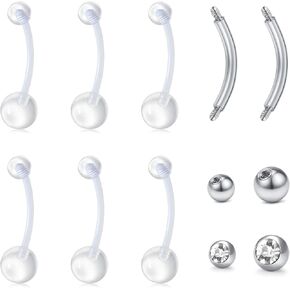 TOKRING Clear Nose Rings Studs Clear Piercing Retainer Set Septum Lip Cartilage Tongue Rook Daith Ear Industrial Nipple Belly Clear Piercing Jewelry for Work Surgery