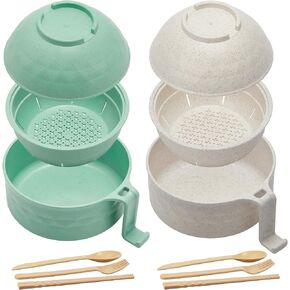 2 Sets Microwave Ramen Cooker Bowl Set 33 oz Quick Ramen Cooker with Handles Ramen Noodle Cooker with Spoon Chopsticks Fork College Dorm Room Apartment Essentials?Black, Beige?