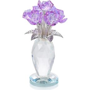 Enjinkail Crystal Purple Rose Flowers Bouquet Ornament, Glass Flowers with Stems Home Decor Crystal Figurine Gifts for Her Girlfriend Wife on Birthday Anniversary Graduation
