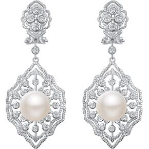 EVER FAITH 925 Sterling Silver CZ 10MM Pearl Art Deco 1920s Prom Rhombic Chandelier Dangle Earrings