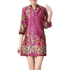 Women's 3/4 Sleeves Colorful Floral Crinkled Chinese Blouse