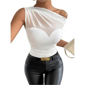 SweatyRocks Women's Sheer Mesh Asymmetrical Neck T Shirt Ruched Short Sleeve Tee Tops