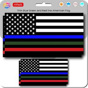 Red Blue Green US Flag All Lines Stickers (4 Pack) - Strong Adhesive Waterproof Police & Firefighter Support Stickers - No Fade, Used for Truck, Car, Laptop, RV, Water Bottle, Cup, Bike