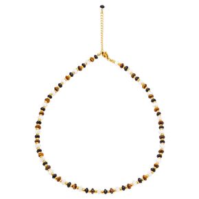 Natural Tiger’s Eye/Black Agate/Mother of Pearl/14K Gold-Plated Handmade Boho Bead Choker Necklace for Women, Energy Chakra Healing Necklaces Gemstone Amulet Jewelry with Gifts Box