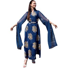 HUSN Bloom Long Cape Sleeve Eid Elegant Abaya Dress Navy Blue Chiffon Kaftan Dresses for Women Gold Embroidery Crystal Belt