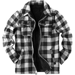 Mens Fleece Jacket Sherpa Lined Zip Up Buffalo Plaid Flannel Coat Casual Long Sleeve Warm Fall Winter Outwear