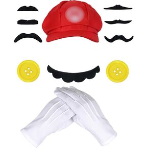Cosrea Plumber Hat for Adult Cap Mustaches Gloves Buttons Accessory Kit Costume Halloween Cosplay Set
