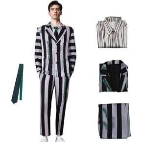 Betelgeuse Costume Mens Blazer Suit Black and White Striped Costume Horror Halloween Outfit