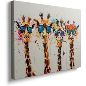 Ypxzzj Framed Cute Giraffes Canvas Wall Art Colorful Animal Posters Prints Pictures Wall Decor Modern Graffiti Painting Artwork for Living Room Bathroom Decor Ready to Hang