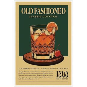 Vintage Old Fashioned Cocktail Poster Retro Wall art Decor Canvas Print for Kitchen Home Bar Cart Club Dorm Trendy Aesthetic Decor 12x16inch Unframed
