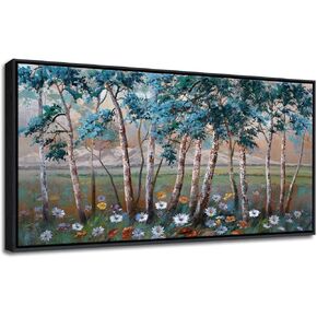 DVQ ART Blue Tree Canvas Wall Art Forest Landscape Picture Modern Birch Trees Nature Teal Abstract Painting Artwork, Large Size Framed for Home Office Living Room Bedroom Bathroom Wall Decor 20x40