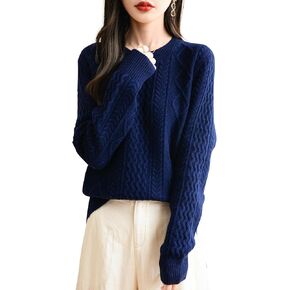 Women's Crew Neck 100% Merino Wool Sweater 2024 Fall Winter Classic Cable Warm Soft Long Sleeve Knitted Sweater