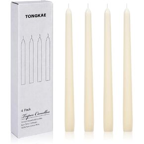 Ivory Taper Candles, Set of 4, 10 in, Unscented, Smokeless, Dripless, Cotton Wick, 7-8 Hour Burn Time, for Dinners, Weddings, Parties, Holidays, Home Decor