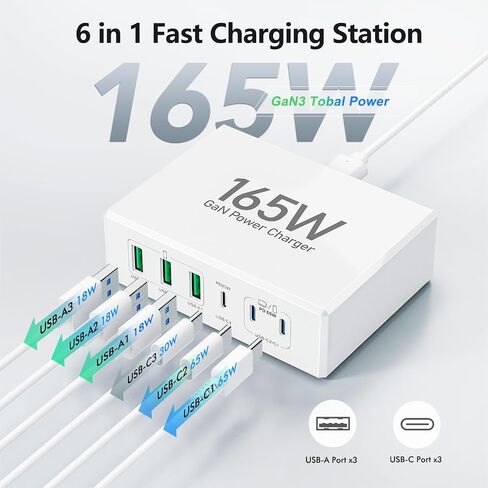 USB C Fast Charger Block,120W GaN 6 Ports PD Type C Wall Charging Station Hub for Multiple Devices,Super Fast USB A Charger Power Adapter Plug Box for iPhone 15 14 13 12 Pro Max, 5ft AC Extension Cord in Saudi Arabia