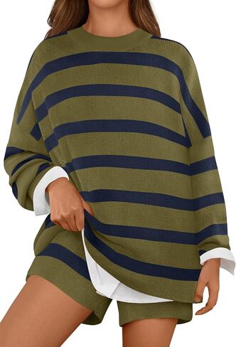 MEROKEETY Women's 2 Piece Sweater Lounge Sets Striped Long Sleeve Shorts Oversized Matching Outfits in Kuwait