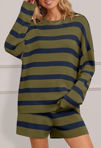 MEROKEETY Women's 2 Piece Sweater Lounge Sets Striped Long Sleeve Shorts Oversized Matching Outfits in Kuwait