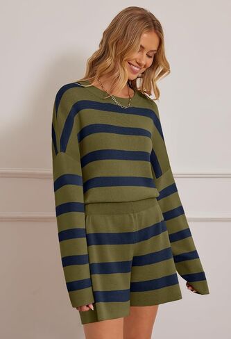 MEROKEETY Women's 2 Piece Sweater Lounge Sets Striped Long Sleeve Shorts Oversized Matching Outfits in Kuwait