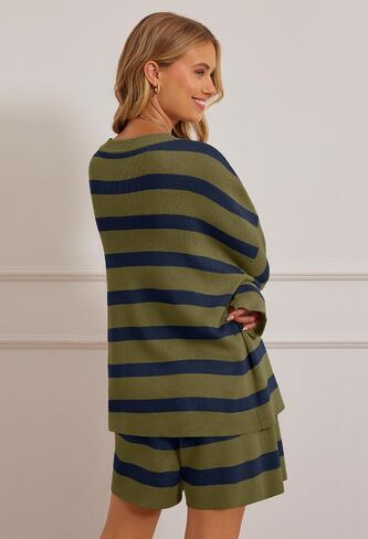 MEROKEETY Women's 2 Piece Sweater Lounge Sets Striped Long Sleeve Shorts Oversized Matching Outfits in Kuwait