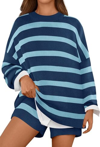 MEROKEETY Women's 2 Piece Sweater Lounge Sets Striped Long Sleeve Shorts Oversized Matching Outfits in Kuwait