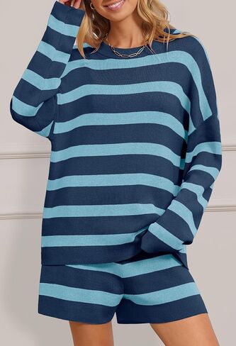 MEROKEETY Women's 2 Piece Sweater Lounge Sets Striped Long Sleeve Shorts Oversized Matching Outfits in Kuwait