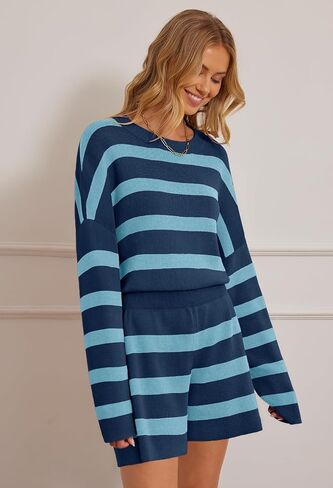 MEROKEETY Women's 2 Piece Sweater Lounge Sets Striped Long Sleeve Shorts Oversized Matching Outfits in Kuwait