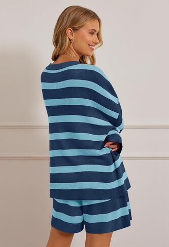 MEROKEETY Women's 2 Piece Sweater Lounge Sets Striped Long Sleeve Shorts Oversized Matching Outfits in Kuwait