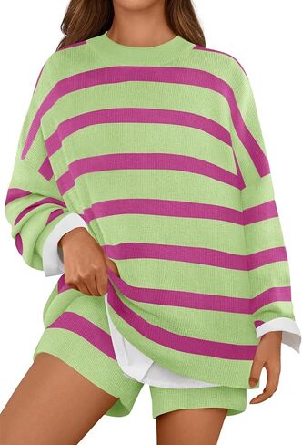 MEROKEETY Women's 2 Piece Sweater Lounge Sets Striped Long Sleeve Shorts Oversized Matching Outfits in Kuwait