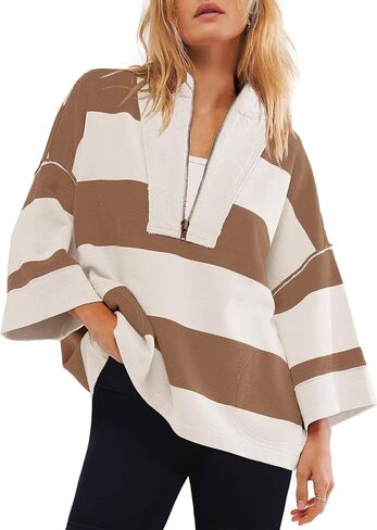 LAVASEON Womens Oversized Striped Half Zip Sweatshirt Color Block V Neck Shirt Casual 3/4 Sleeve Shirt Pullover in Saudi Arabia