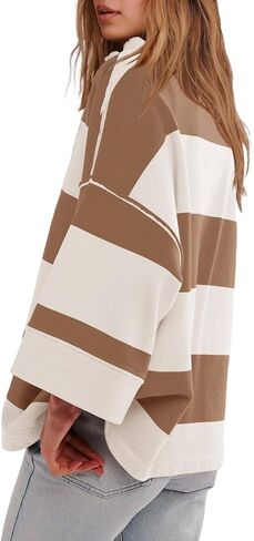 LAVASEON Womens Oversized Striped Half Zip Sweatshirt Color Block V Neck Shirt Casual 3/4 Sleeve Shirt Pullover in Saudi Arabia