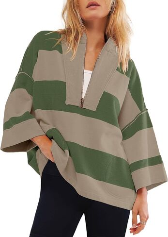 LAVASEON Womens Oversized Striped Half Zip Sweatshirt Color Block V Neck Shirt Casual 3/4 Sleeve Shirt Pullover in Saudi Arabia