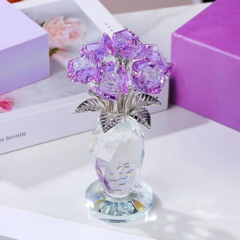 Enjinkail Crystal Purple Rose Flowers Bouquet Ornament, Glass Flowers with Stems Home Decor Crystal Figurine Gifts for Her Girlfriend Wife on Birthday Anniversary Graduation in Saudi Arabia