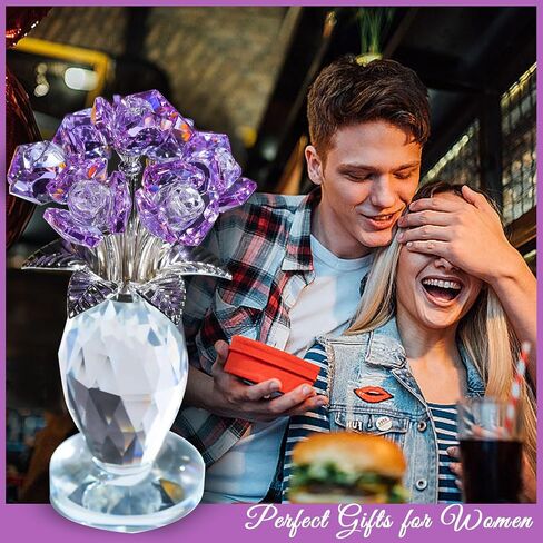 Enjinkail Crystal Purple Rose Flowers Bouquet Ornament, Glass Flowers with Stems Home Decor Crystal Figurine Gifts for Her Girlfriend Wife on Birthday Anniversary Graduation in Saudi Arabia