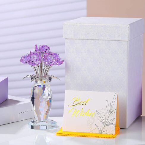 Enjinkail Crystal Purple Rose Flowers Bouquet Ornament, Glass Flowers with Stems Home Decor Crystal Figurine Gifts for Her Girlfriend Wife on Birthday Anniversary Graduation in Saudi Arabia