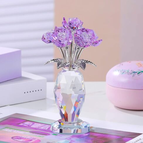 Enjinkail Crystal Purple Rose Flowers Bouquet Ornament, Glass Flowers with Stems Home Decor Crystal Figurine Gifts for Her Girlfriend Wife on Birthday Anniversary Graduation in Saudi Arabia