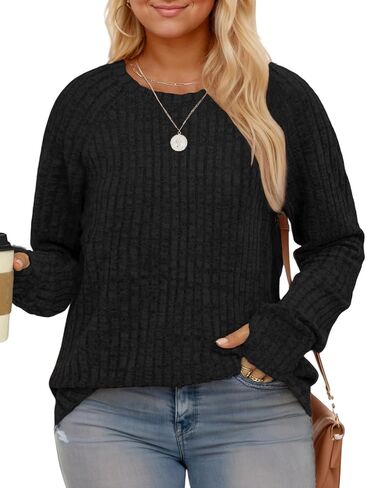 Plus-Size Sweaters for Women Long Sleeve Trendy Crewneck Tops Casual Lightweight Ribbed Knit Tunics with Thumb Holes XL-5XL in Saudi Arabia