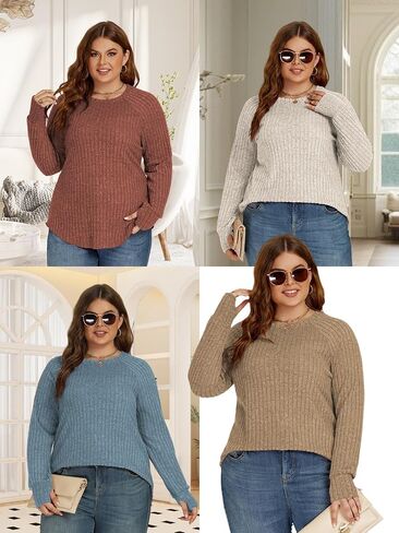 Plus-Size Sweaters for Women Long Sleeve Trendy Crewneck Tops Casual Lightweight Ribbed Knit Tunics with Thumb Holes XL-5XL in Saudi Arabia