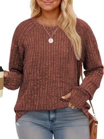 Plus-Size Sweaters for Women Long Sleeve Trendy Crewneck Tops Casual Lightweight Ribbed Knit Tunics with Thumb Holes XL-5XL in Saudi Arabia