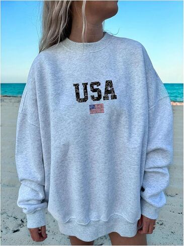 سويت شيرت SweatyRocks نسائي مقاس كبير برسومات جرافيكية مطبوع عليه الولايات المتحدة الأمريكية وأكمام طويلة in Saudi Arabia