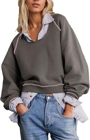 سترة فضفاضة عصرية للنساء من Ladyful بأكمام طويلة ورقبة دائرية، بلوفر علوي in Kuwait