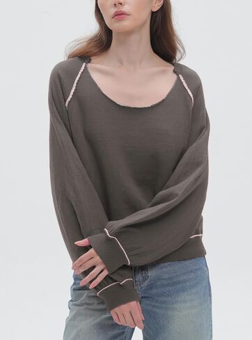 سترة فضفاضة عصرية للنساء من Ladyful بأكمام طويلة ورقبة دائرية، بلوفر علوي in Kuwait