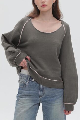 سترة فضفاضة عصرية للنساء من Ladyful بأكمام طويلة ورقبة دائرية، بلوفر علوي in Kuwait