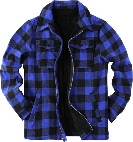 Mens Fleece Jacket Sherpa Lined Zip Up Buffalo Plaid Flannel Coat Casual Long Sleeve Warm Fall Winter Outwear in Saudi Arabia