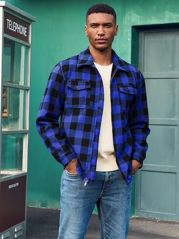 Mens Fleece Jacket Sherpa Lined Zip Up Buffalo Plaid Flannel Coat Casual Long Sleeve Warm Fall Winter Outwear in Saudi Arabia