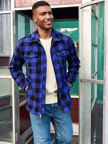 Mens Fleece Jacket Sherpa Lined Zip Up Buffalo Plaid Flannel Coat Casual Long Sleeve Warm Fall Winter Outwear in Saudi Arabia