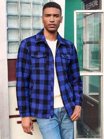 Mens Fleece Jacket Sherpa Lined Zip Up Buffalo Plaid Flannel Coat Casual Long Sleeve Warm Fall Winter Outwear in Saudi Arabia