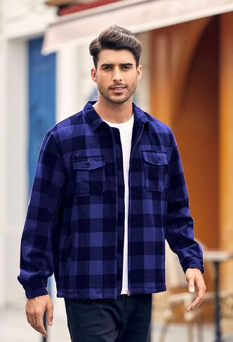 Mens Fleece Jacket Sherpa Lined Zip Up Buffalo Plaid Flannel Coat Casual Long Sleeve Warm Fall Winter Outwear in Saudi Arabia