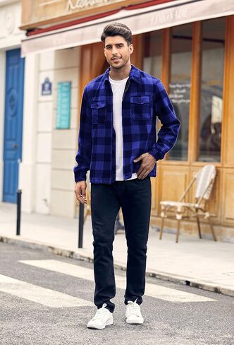 Mens Fleece Jacket Sherpa Lined Zip Up Buffalo Plaid Flannel Coat Casual Long Sleeve Warm Fall Winter Outwear in Saudi Arabia