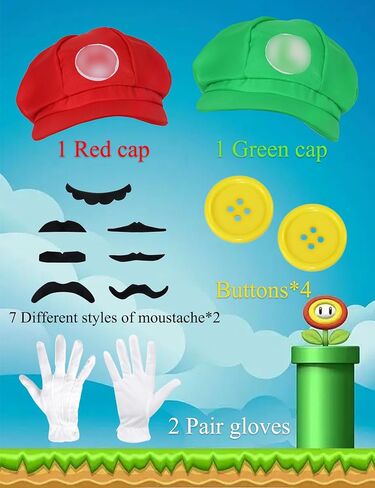 Cosrea Plumber Hat for Adult Cap Mustaches Gloves Buttons Accessory Kit Costume Halloween Cosplay Set in Saudi Arabia