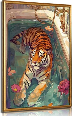 Tiger in Bathtub Wall Art Funny Bathroom Animal Painting Picture Wall Decor Eclectic Trendy Aesthetic Poster Print Artwork for Bathroom Toilet Home Decoration in Saudi Arabia